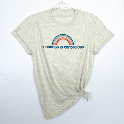 KINDNESS IS CONTAGIOUS T-SHIRT - CREW NECK IN HEATHER OATMEAL