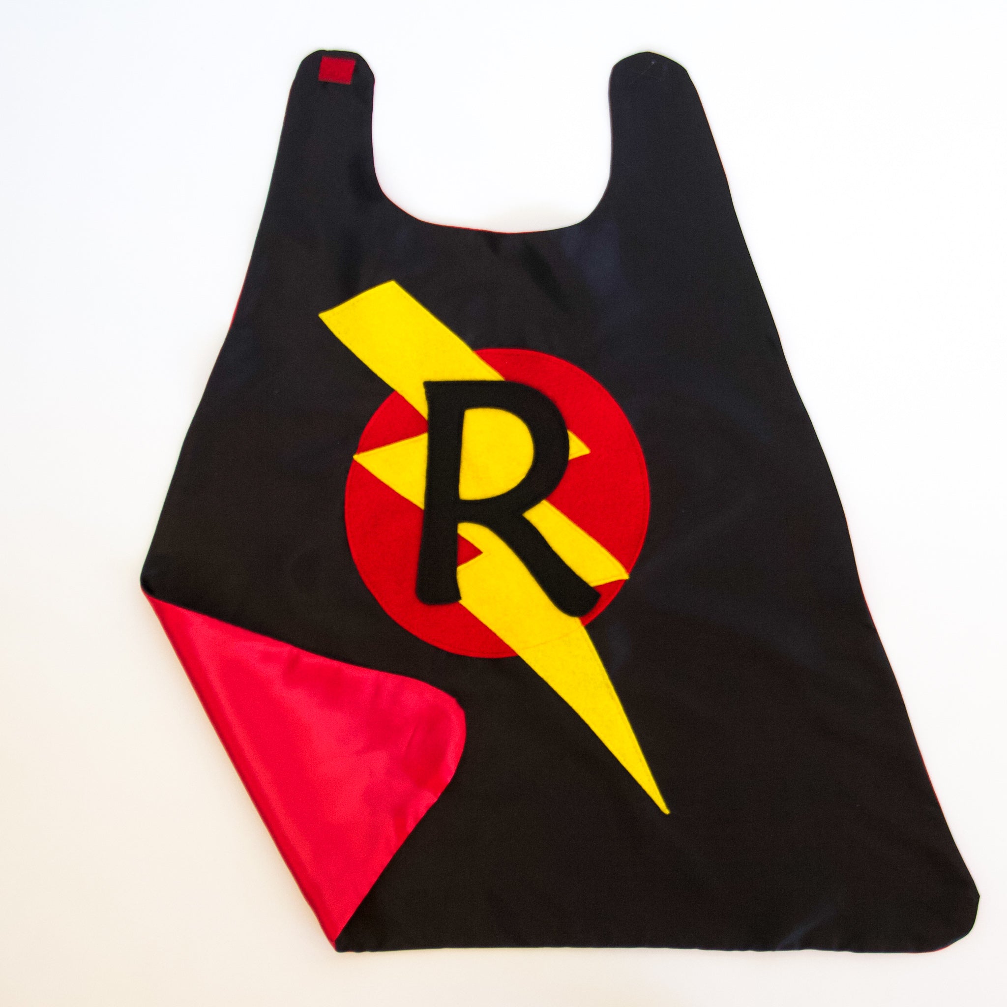 CUSTOM SUPERHERO CAPE - BLACK/RED - CHOOSE YOUR INTIAL