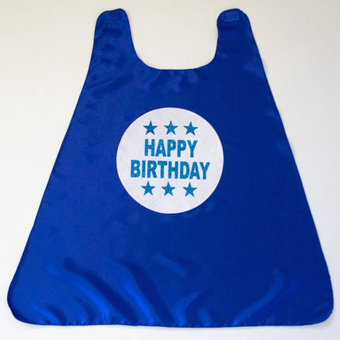 BLUE HAPPY BIRTHDAY CAPE - WITH WHITE & SPARKLE BLUE STARS