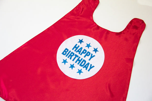 RED HAPPY BIRTHDAY CAPE - WITH WHITE & SPARKLE BLUE STARS
