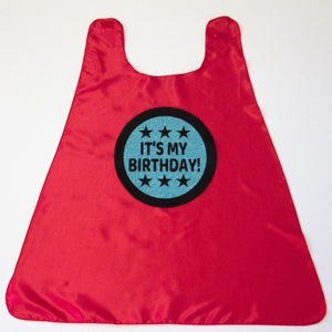 RED IT'S MY BIRTHDAY CAPE - WITH BLACK & SPARKLE AQUA