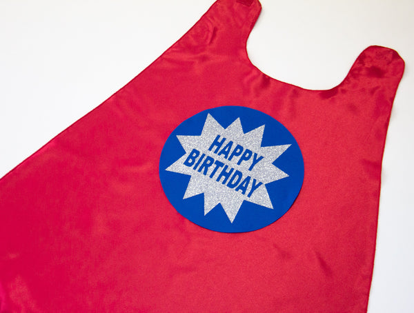 RED HAPPY BIRTHDAY CAPE - WITH SILVER & BLUE BURST