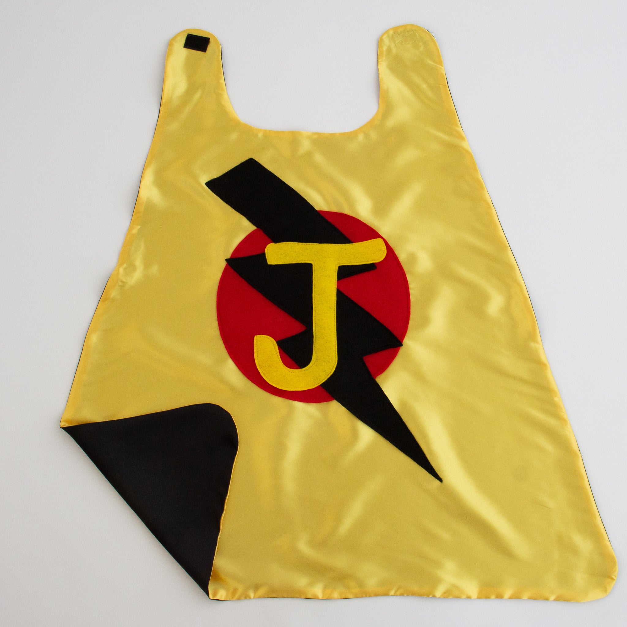 CUSTOM SUPERHERO CAPE - YELLOW/BLACK (RED CIRCLE/YELLOW LETTER) - CHOOSE YOUR INTIAL