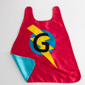 CUSTOM SUPERHERO CAPE - RED/TURQUOISE - CHOOSE YOUR INTIAL