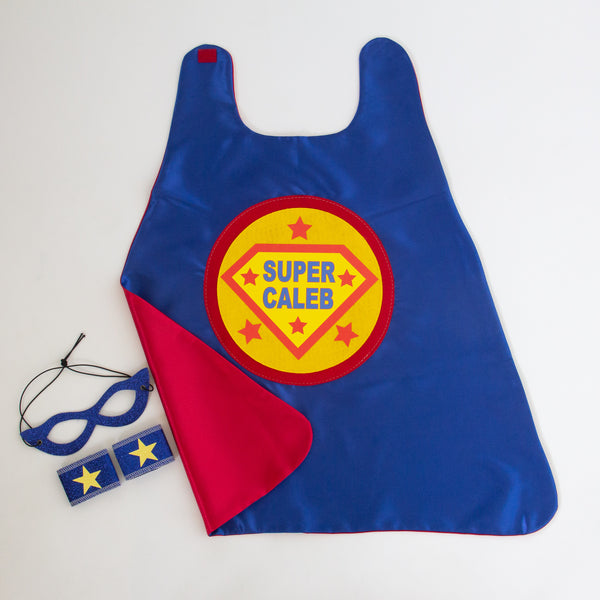 FULL NAME SHIELD SUPERHERO CAPE - BLUE/RED OPTION - ADD A CUSTOM NAME